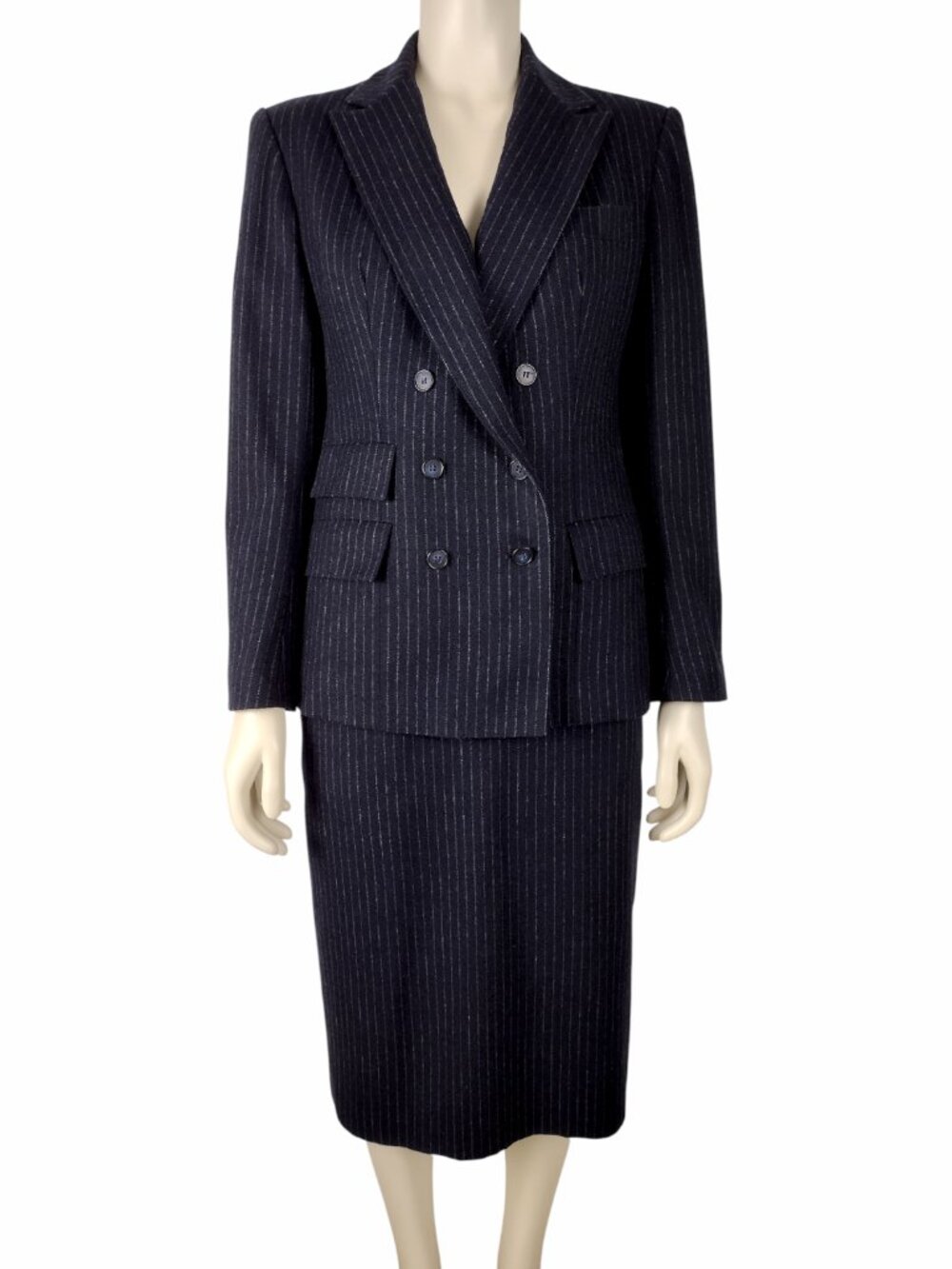 Vintage 1980s Navy Blue Pinstriped Wool Blend 2 Piece Midi Skirt Suit Size XS